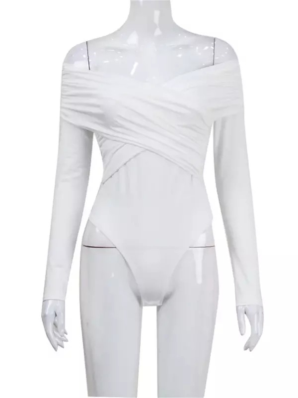 Tossy mono de retazos transparente blanco para mujer, plisado, Delgado, Sexy, cintura alta, manga larga, hombros descubiertos, mamelucos, ropa de calle
