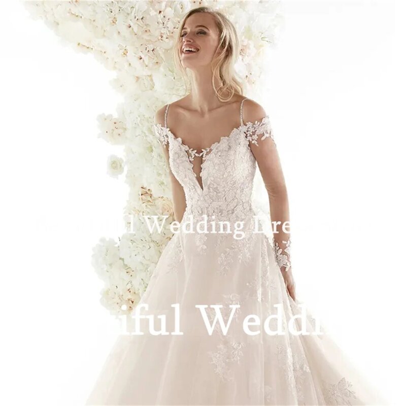 Charming Women Wedding Dress Off-Shoulder Long Sleeves Lace Appliques A-Line Tulle Floor-Lenth Bridal Gown Vestidos de novia