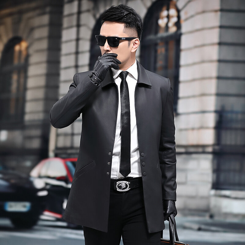 Matte Trench Coat Mens Long Type Fashion Casual Slim Genuine Leather Clothes