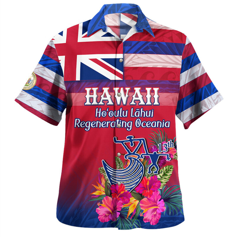 American Hawaii State National Flag Camisas para Homens, 3D Impresso, Brasão de Braço, Gráfico Camisas Curtas, Roupas Top Moda, Verão, Novo
