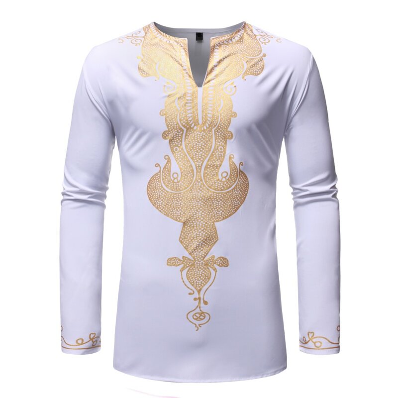 Camisa de comprimento médio africana masculina, estampada dourada, gola em pé, camisa branca, árabe, roupas masculinas muçulmanas