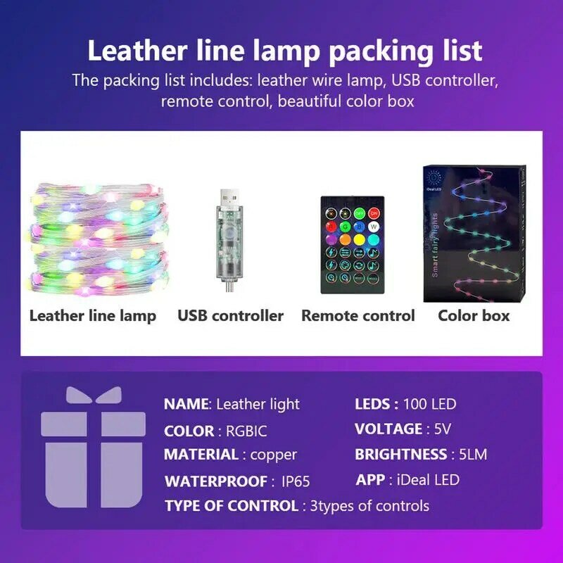 Guirnalda de luces LED de colores para decoración de árbol de Navidad, lámpara con control por aplicación, USB, 2/5/10/15/20M, 5V, IP65