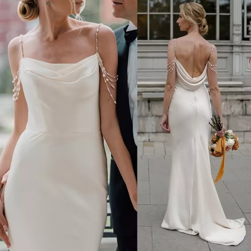 Morden Satin Mermaid Wedding Dress Strapless Sleeveless Long Train Beading  Spaghetti Straps Tassel Elegant Gown Dresses 2024