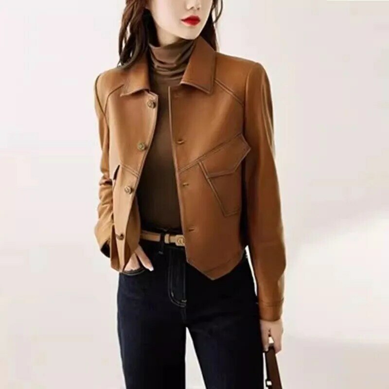 Женский велосипедный пиджак высокого качества, коричневая верхняя одежда из искусственной кожи, наряд на пуговицах, женская модная короткая тонкая куртка на весну и осень, 2024
