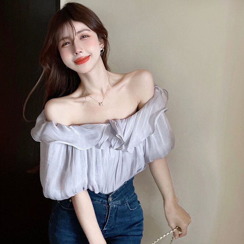 GIDYQ Elegant Sweet Chiffon Women Shirt Korean Puff Short Sleeve Slash Neck Blouse Fashion Ruffled Off Shoulder Tops Summer New