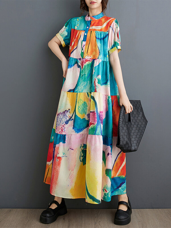 Xitao Kurzarm Print Hemd Kleid Stand Kragen Pullover Mode Kontrast farbe lose Frauen Sommer neue Freizeit kleid lyd1902