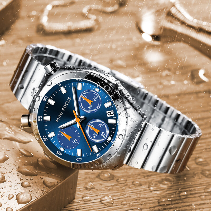 MINI FOCUS jam tangan wanita Quartz biru elegan jam tangan Chronograph mewah merek Top jam tangan wanita tahan air tali baja bercahaya 0491 tangan
