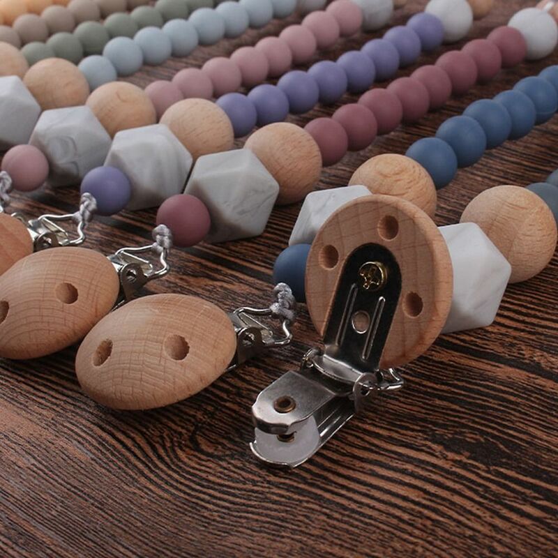 Geometric Pacifier Clips Chain Cute Silicone Beads Adjustable Wood Dummy Clips Children