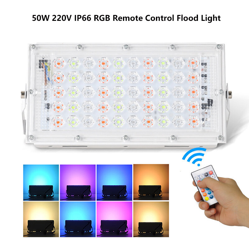 50W 220V LED Floodlight RGB Remote Control IP66 Waterproof Outdoor LED Spotlight Landscape Lighting Wall Lamp Reflector