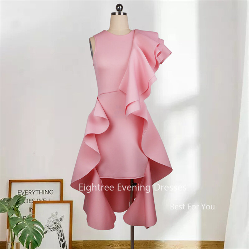 Eightree Vintage różowe sukienki imprezowe z długimi rękawami skromne falbany do kolan z okrągłym dekoltem matowa satyna na wieczorny bal formalne suknie