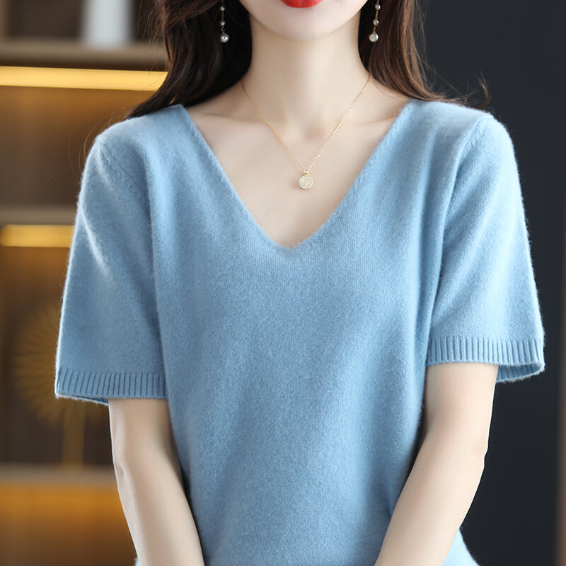 100% pure wool T-shirt spring and summer new women's V-neck pullover short sleeve slim five-point sleeve knit top