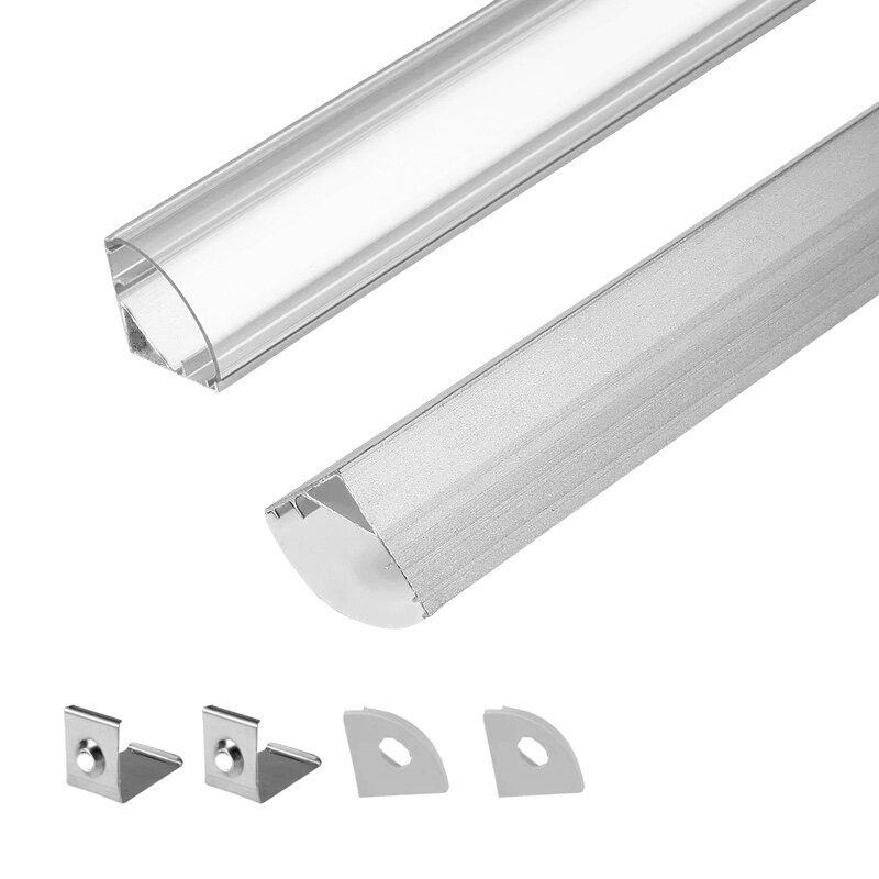 Canal de alumínio LED para Strip, 45 graus perfil angular, branco leitoso, tampa transparente, 5050, 3528, 5630