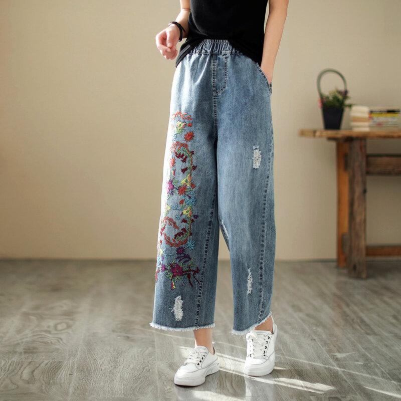 Aricaca Women Flower Embroidery Ripped Light Blue Trousers M-2XL Fashion Casual Denim Pants