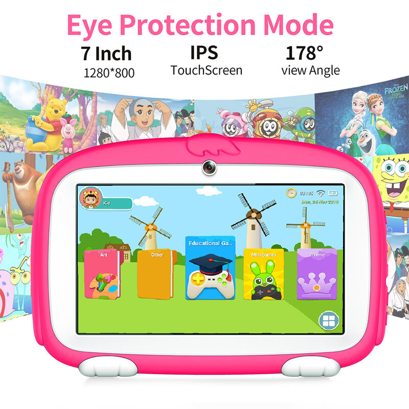 Tabletas de dibujos animados de 7 pulgadas para niños, juegos educativos de aprendizaje, Pc, Quad Core, 4GB de RAM, 64GB de ROM, cámaras duales, regalos para niños