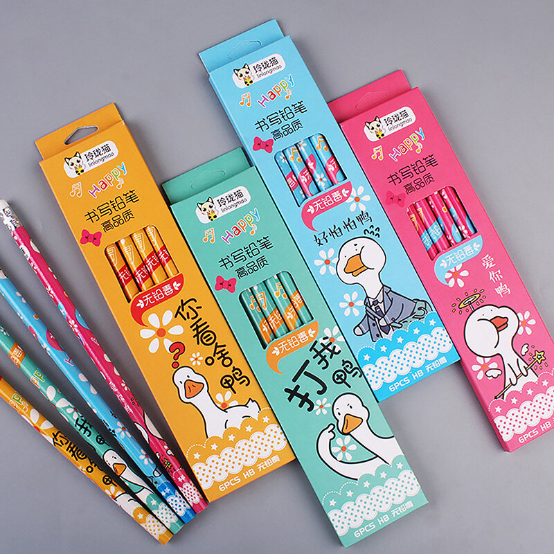子供のためのアヒルパターンのかわいい漫画の鉛筆、韓国の文房具、カワイイペン、ギフト、新しい、ボックスあたり6個