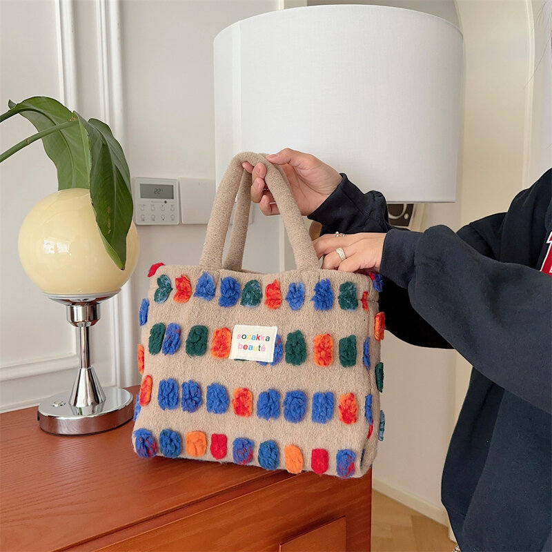 Color Plush Dots Women's Bento Handbags Retro Design Female Fluffy Bucket Bags Large Capacity Shoulder Bag Purse Casual Tote New