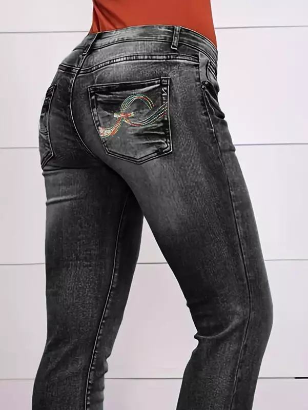 Mulheres meados cintura bordado jeans jeans, calças retas, ajuste solto, streetwear leve, comprimento do tornozelo, bolsos, primavera, 2022