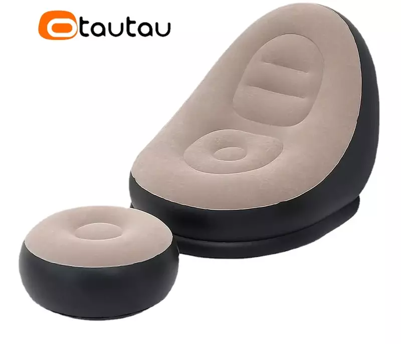 OTAUTAU Inflatable Lounger with Footstool Ottoman Chaise Lounge Recliner Outdoor Portable Camping Couch Garden Chair Pouf SF029