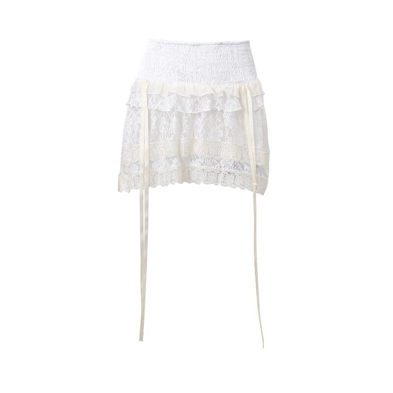 2024 Summer New Lace Miniskirt Sexy Sweet Girl Splice A-line White Skirt Creative Ribbon Vacation Beach Kawaii Skirts for Woman