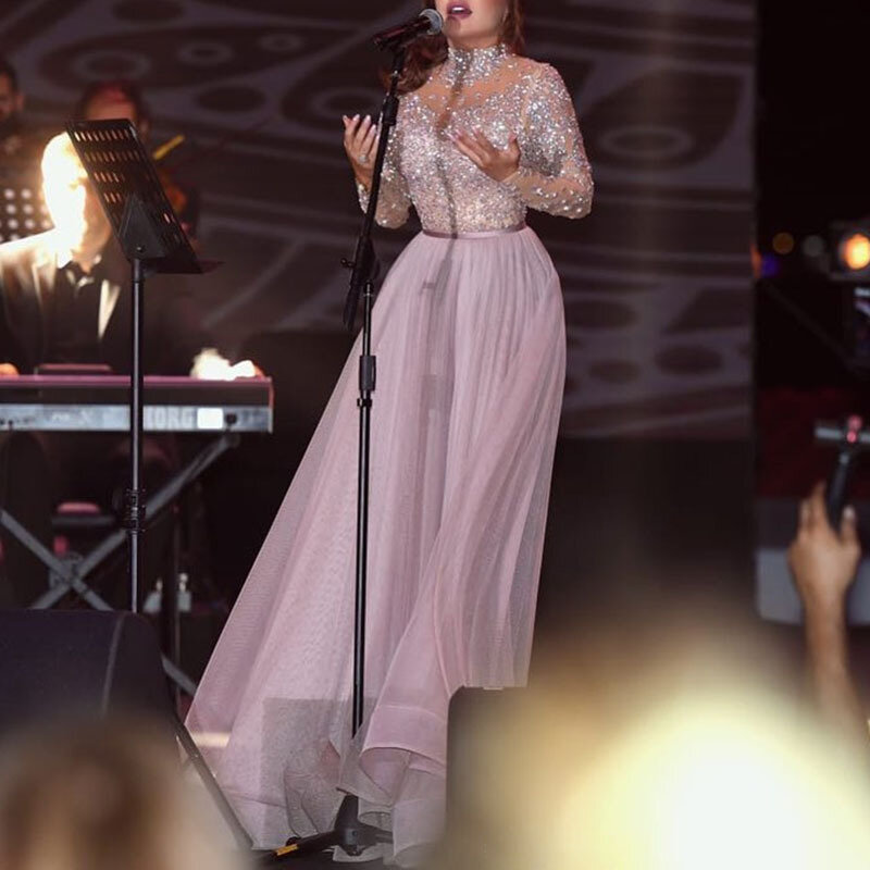 Nowa elegancka moda damska różowa z długim rękawem cekiny seksowna ekskluzywna sukienka wesele druhna gości długa sukienka Celebrity host