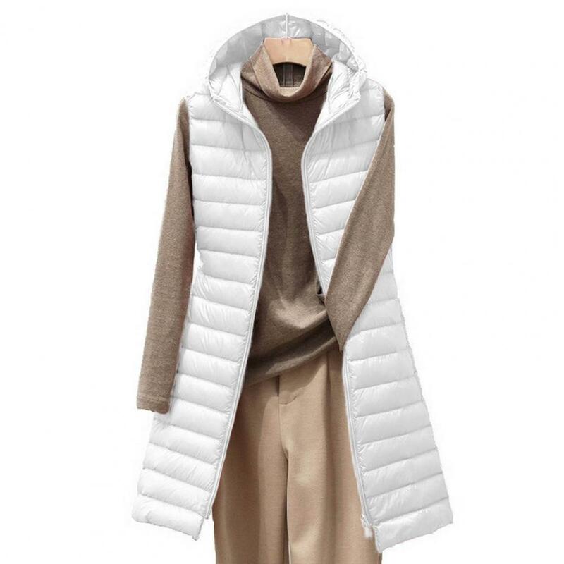 Casaco de colete longo acolchoado com capuz feminino, colete leve feminino, comprimento médio, grosso, quente, zíper, sem mangas, macio, inverno