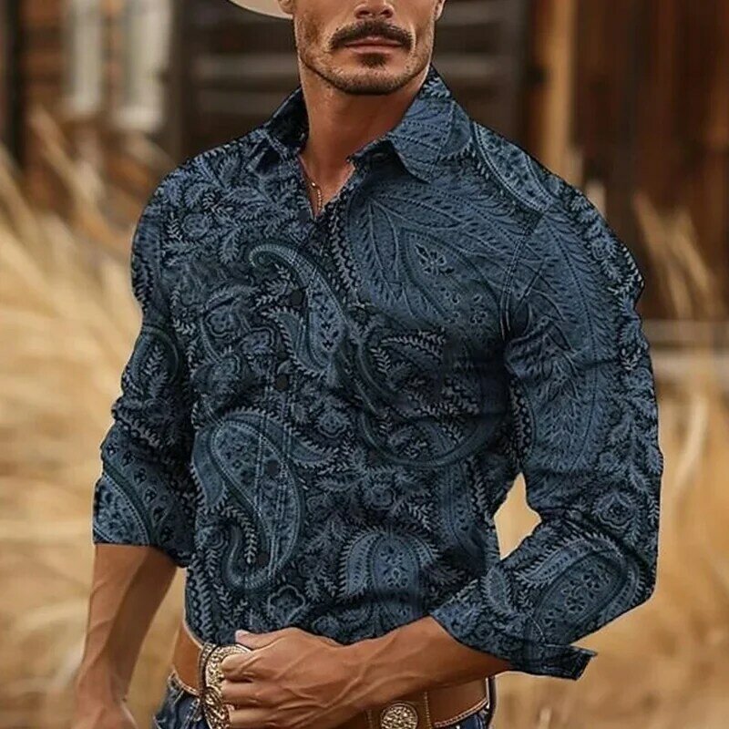 Camisa de manga comprida retrô estilo cowboy ocidental masculina, estampada em 3D, ao ar livre, resort, corrida de cavalos, primavera, verão, alta qualidade, lapela
