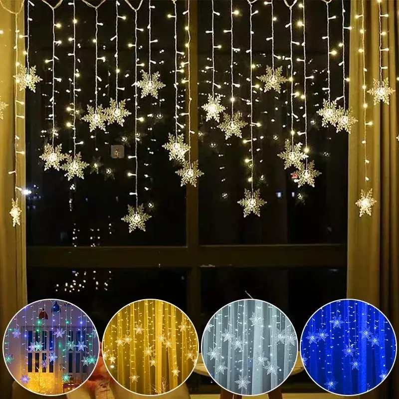 2024 Christmas Lights Led Snowflake Curtain Icicle Fairy String Light Outdoor Garland Home Party Garden New Year Home Decoration