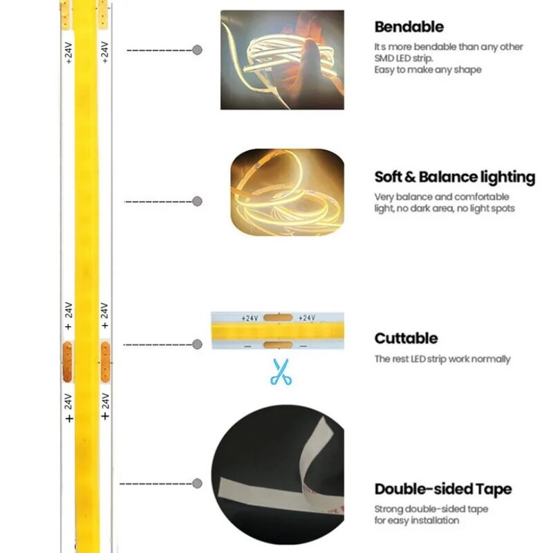 COB LED Strip Light com DC Plug Iluminação Linear Regulável Decoração Lâmpada de Alta Densidade, Fita, Fio 2Pin, 12V, 24V, 8mm