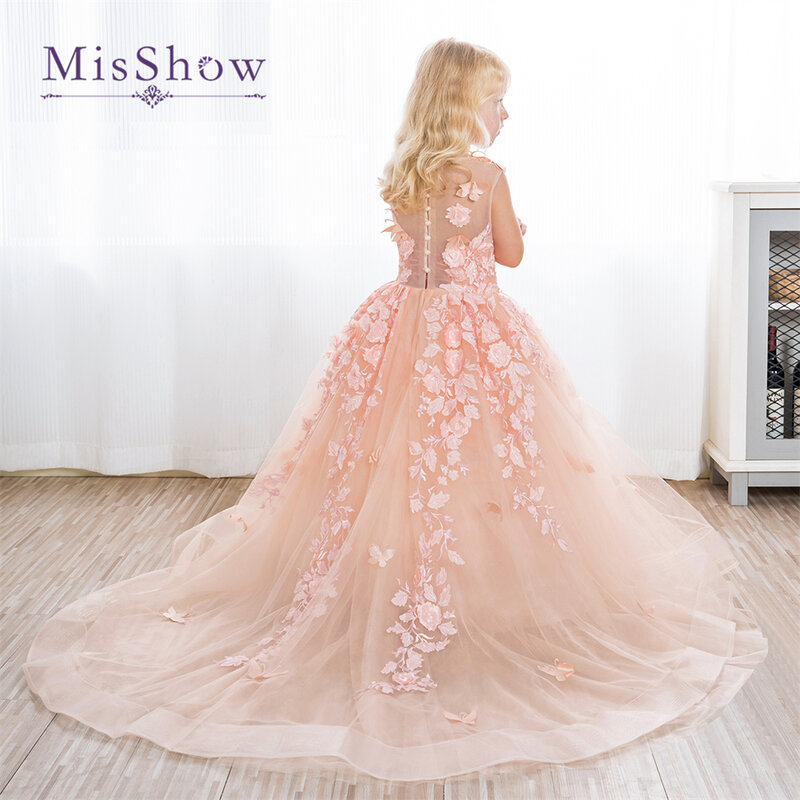 MisShow Pink Flower Girl abiti per matrimonio 3D Lace Floral Child damigella d'onore Ball Gown Fluffy Birthday Kid Princess Party