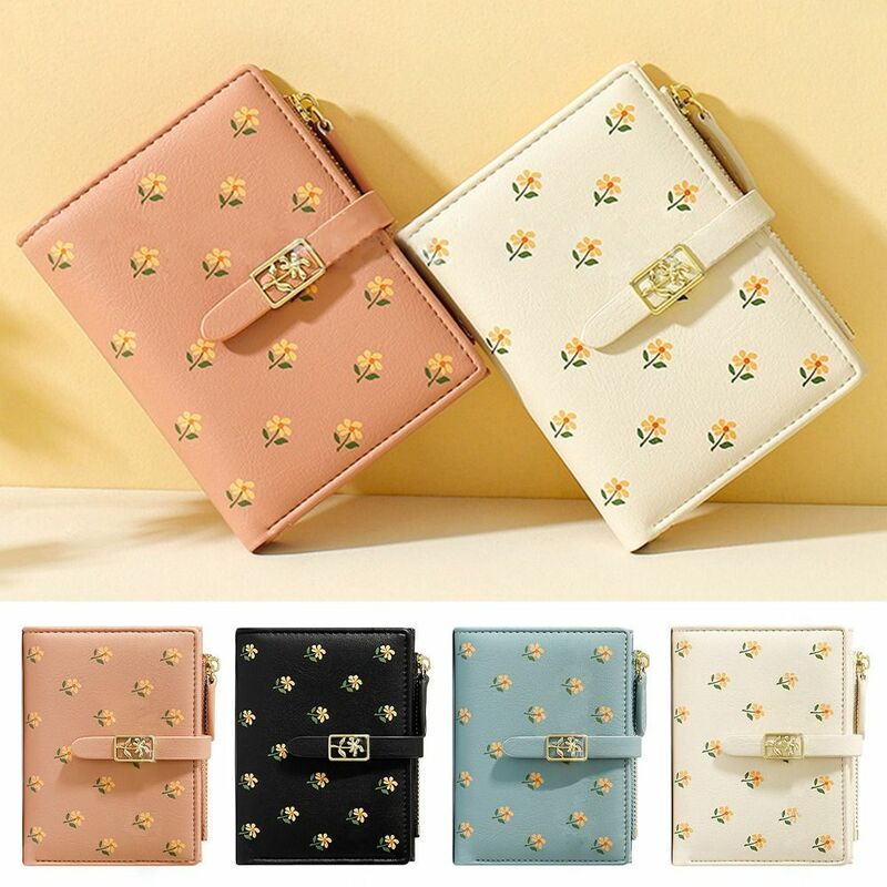 Flower Pattern Money Bag Fashion Two Fold PU Coin Purse Small Size Card Holder for Women Student