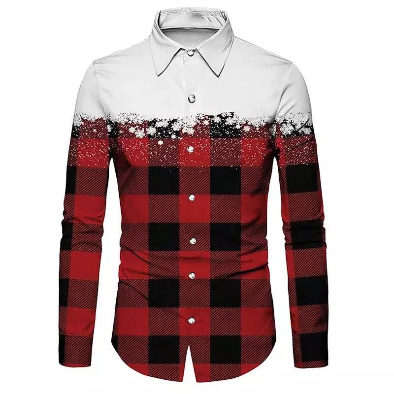 남성용 긴팔 라펠 단추 셔츠, 레드 산타 클로스 격자 무늬, 사각형 HD 패턴, 편안한 소프트 티셔츠, 2023 크리스마스 눈송이