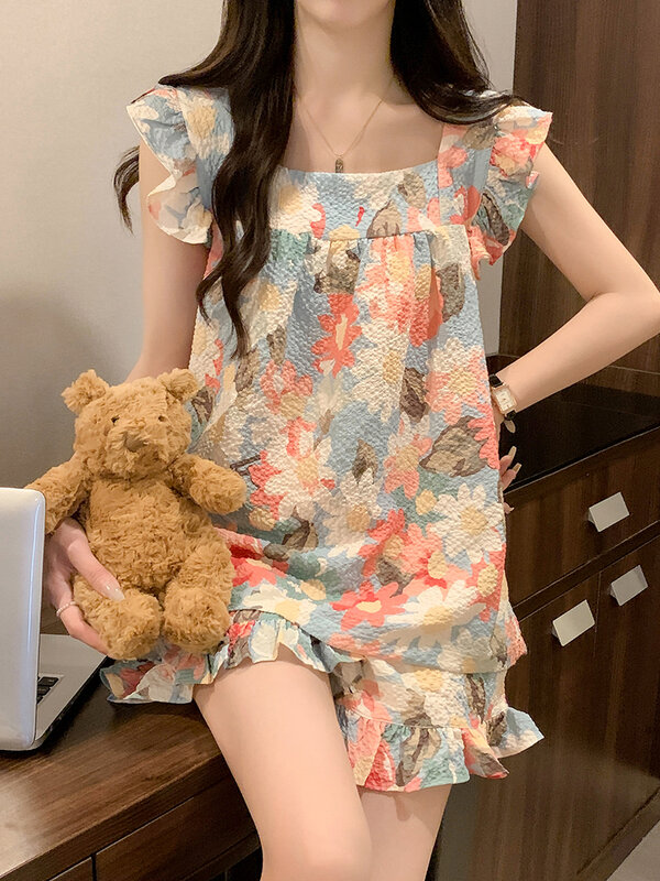 Summer Printed Square Neck Vest Pajama For Women Korean Sweet Short Sleeve Shorts Two-Piece Set Comfort Girls Home Night-clothes