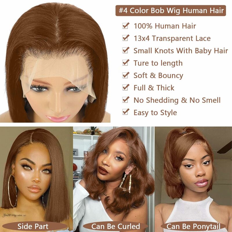 Chocolate Brown Short Bob Lace Front Wig Human Hair HD Transparent Lace Front Wig Brown Bob Straight Brazilian Human Hair Wigs