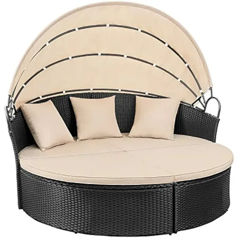 Patio Furniture Outdoor Round Daybed with Retractable Canopy Wicker Rattan Separated Seating Sectional Sofa