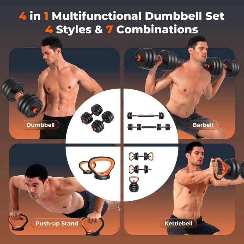 FEIERDUN Adjustable Dumbbells, 20/30/40/50/70/90lbs Free Weight Set with Connector, 4 in1 Dumbbells Set Used as Barbell, Kettleb