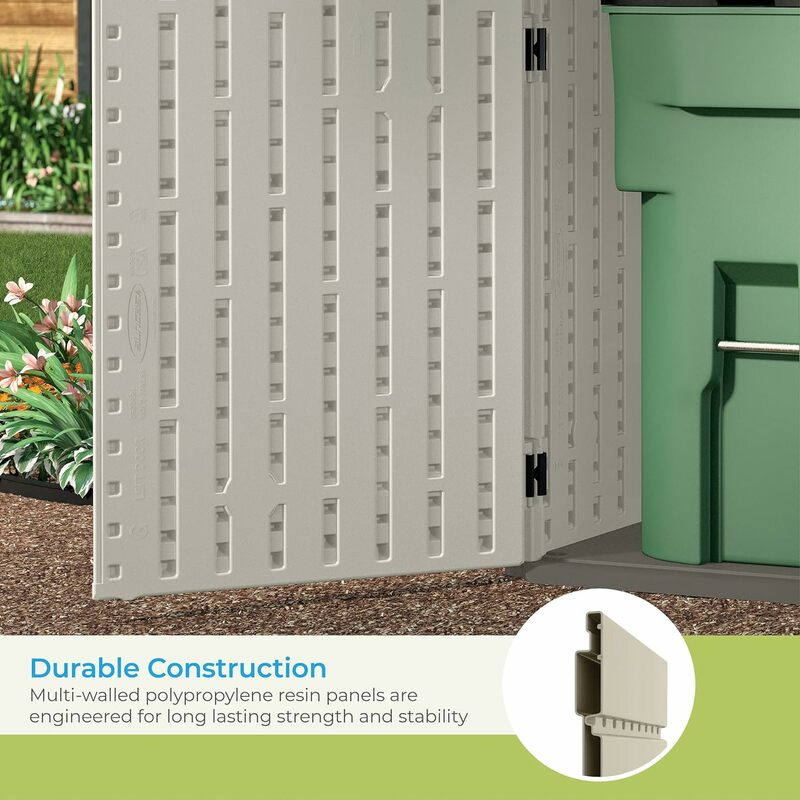 Suncast-cobertizo de almacenamiento Horizontal de 5,9 pies x 3,7 pies, almacenamiento al aire libre similar a la madera Natural para botes de basura y herramientas de patio