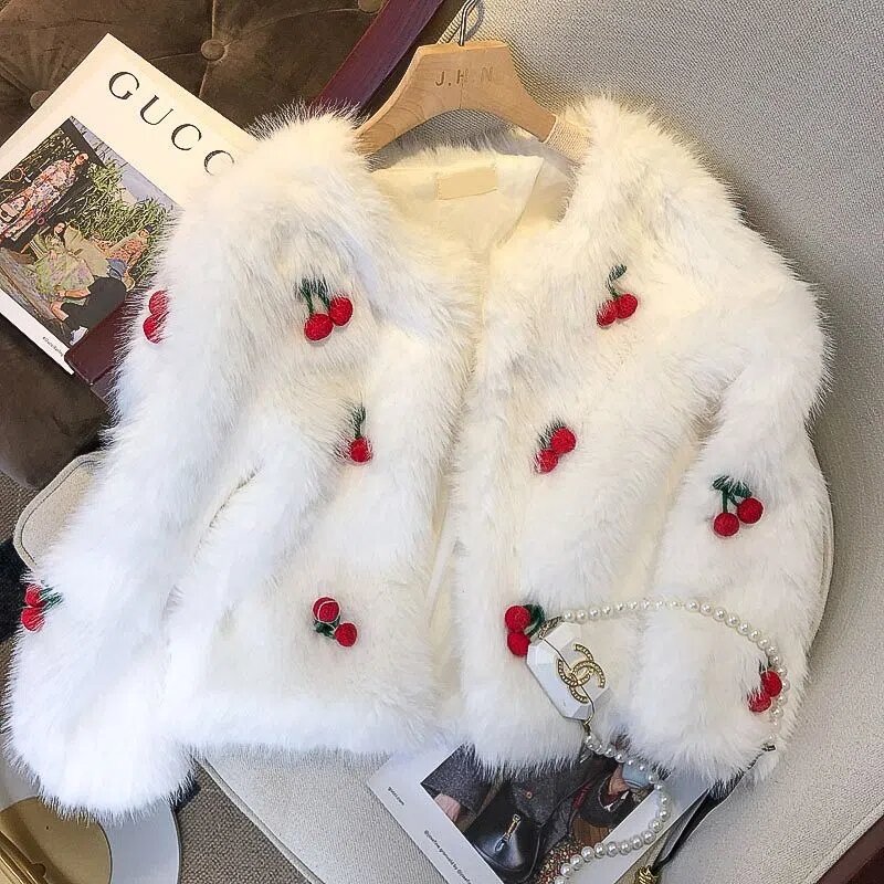 Casaco de pele do falso feminino inverno manga longa elegante coreano cardigan 2022 outono novo luxo doce fofo cereja jaqueta