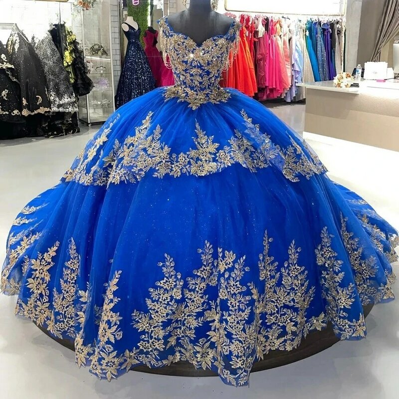 Gaun biru Royal Princess Quinceanera gaun bola Sweetheart Tulle applique manis 16 Gaun 15 AFO Meksiko