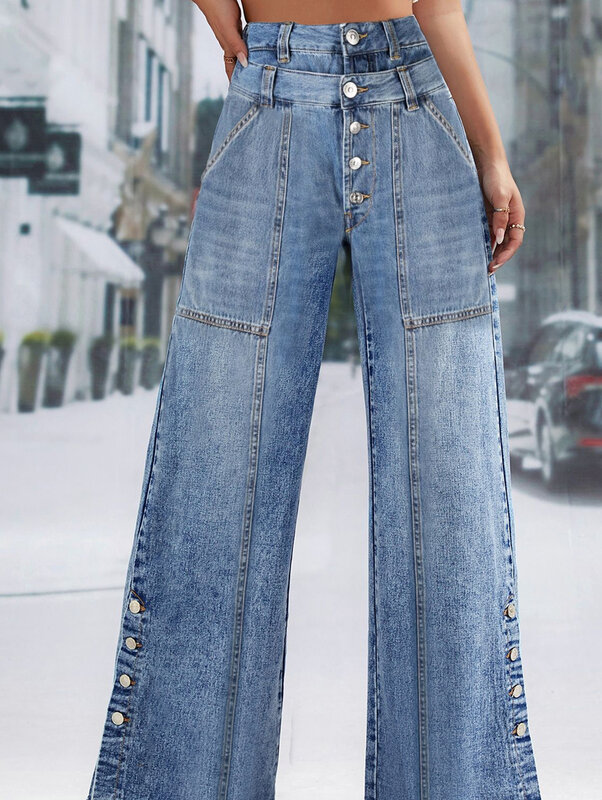 Wysoka talia dżinsy z szeroką nogawką damska moda wysoka talia guziki szerokie nogawki długie spodnie luźne wyszczuplające proste modne długie spodnie