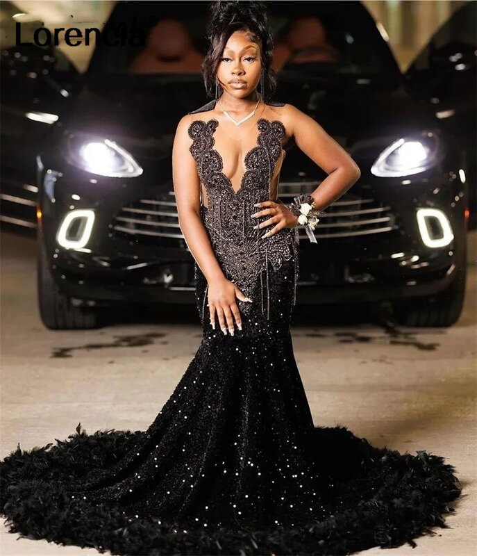 Lorencia Luxury Black Sequins Prom Dress For Black Girl 2024 Feather Diamond Crystal Birthday Party Gown Robe De Soiree YPD47