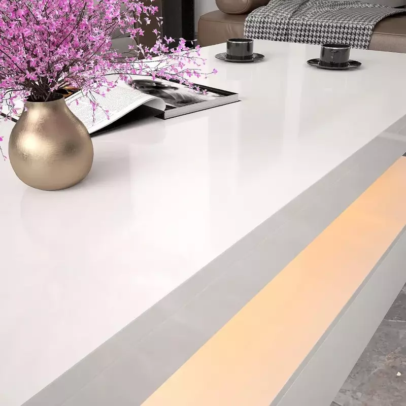 Meja kopi LED, meja kopi High Gloss putih Modern dengan lampu RGB, meja kopi persegi panjang dengan kendali jarak jauh ruang tamu