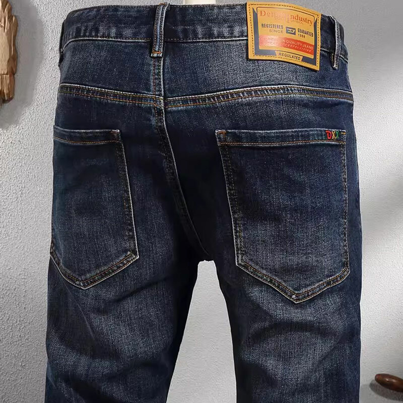 Europese Vintage Fashion Heren Jeans Retro Gewassen Blauw Elastische Slim Fit Designer Jeans Heren Broek Casual Denim Broek Hombre