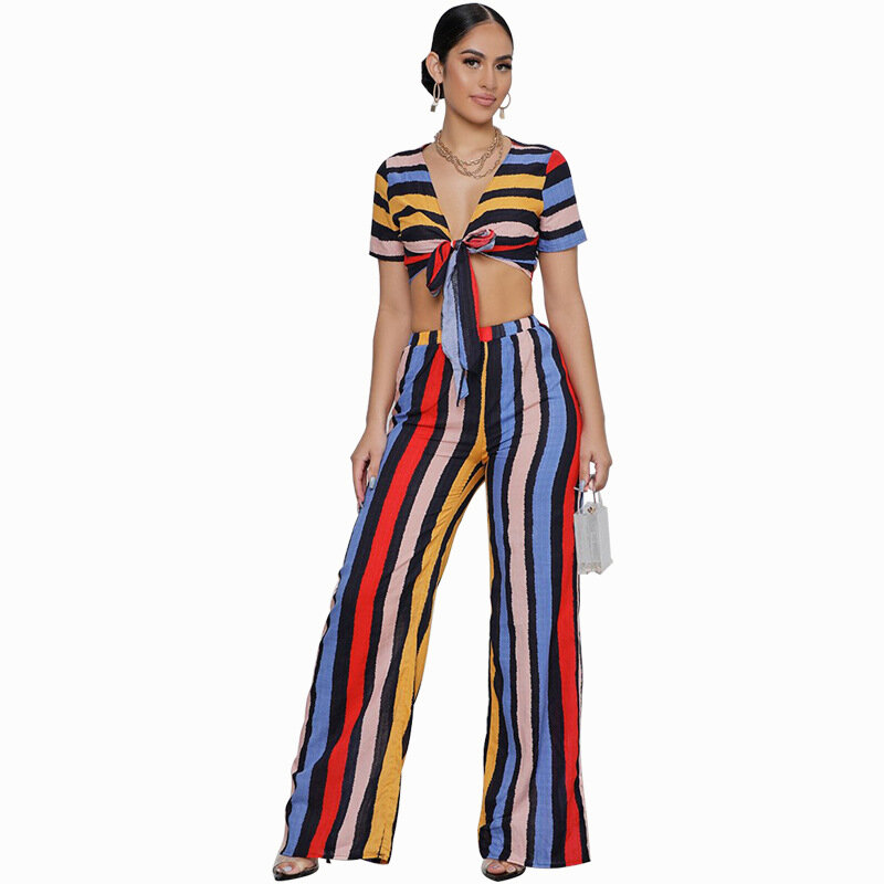 2024 Two Piece Set Ladies Short Sleeve V-Neck Lace Up Sexy Fashion Printing Stripe Slim Casual Floor Pant Suit 