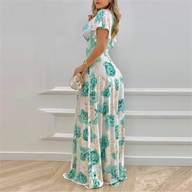 Fashion Summer Floral Commuting V-neck Wooden Ear Edge Sleeves Waist Cinched Printed Large Hem Dress Birthday Party Dress HH06
