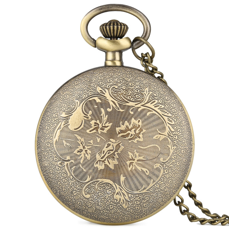 Black Arabic Numerals Quartz Analog Bronze Pocket Watch Open Face Design Pendant Necklace Clock Antique Stylish Gifts Men Women