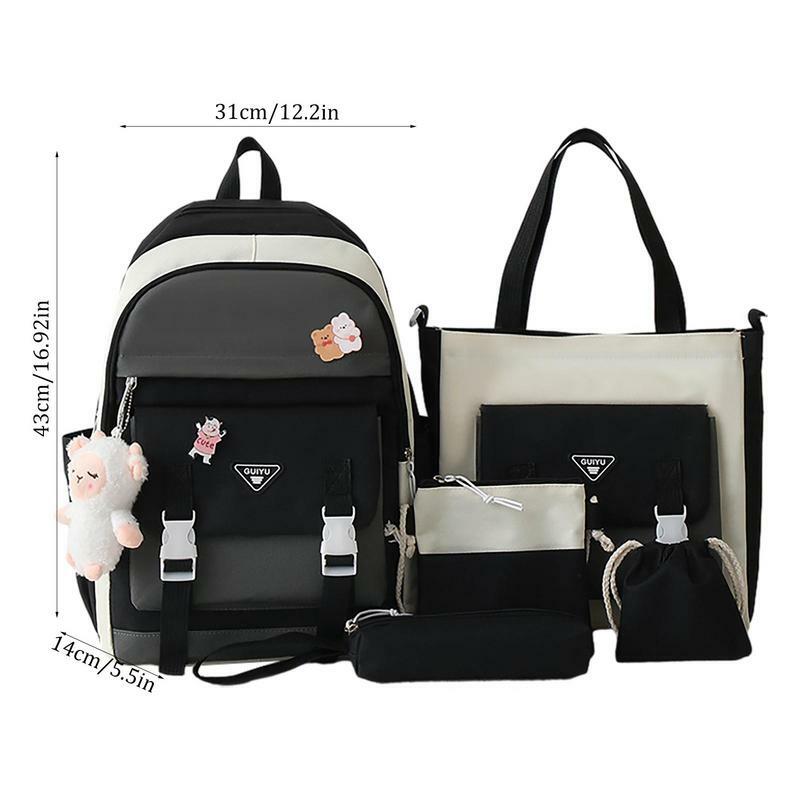 Estetyczne plecaki 5 sztuk zestaw Kawaii plecak tornister o dużej pojemności z torbą na ramię piórnik torba na ramię worek strunowy