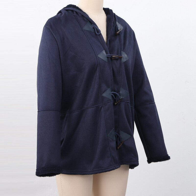 Abrigos de invierno de manga larga de imitación para mujer, chaqueta suelta de doble botonadura con bolsillos, talla grande, azul marino, XL
