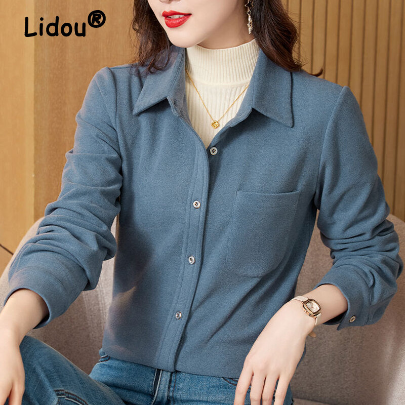 Women Korean Fashion Turn Down Collar Button Up Shirt Autumn Winter Chic Thick Blouse Solid Long Sleeve Loose Tops Blusas Mujer