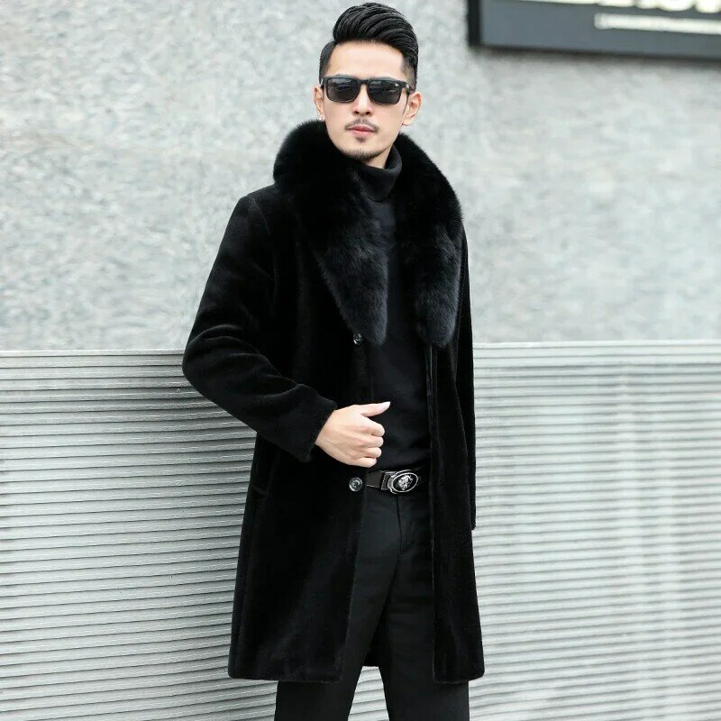 AYUNSUE-신제품 양 시어링 재킷, 남성 모피 코트, 남성 의류, 긴 여우 모피 칼라 모피 원 코트, 두꺼운 겉옷, 2021 겨울