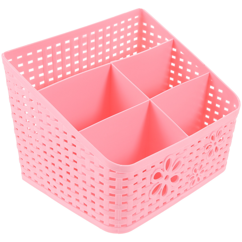 Caixa de armazenamento plástico, imitação cestas rattan, grande capacidade, oco, para desktop, artigos diferentes, rosa